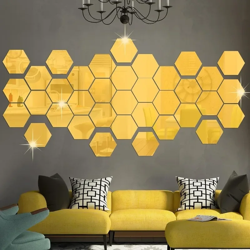 Pegatinas de pared de espejo acrílico hexagonales autoadhesivas, pegatinas de decoración de espejo autoadhesivas DIY, pegatinas de decoración de pared de habitación y dormitorio