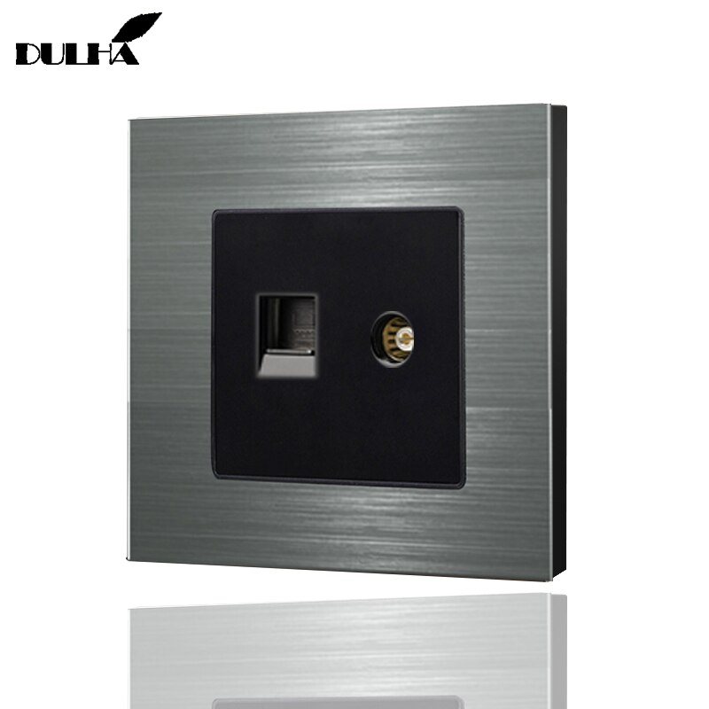 Computer ethernet & fjernsyn vægstik satin metal panel elektrisk  rj45 data internet netværk + tv antenne jack koaksial stikkontakt