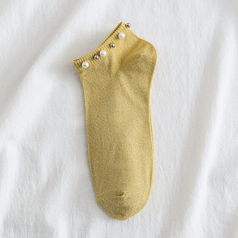 Harajuku enkelsokken zilveren zijden parel damessokken zomer herfst dames katoenen korte sokken: Geel
