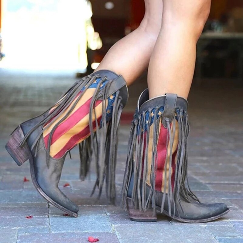 JODIMITTY Fransen Stiefel retro Frauen Quaste Randbereich Faux Wildleder Leder Cowboy Stiefel Niedrigen Ferse Damen Schuhe Bohemien Boho Ferse Stiefel