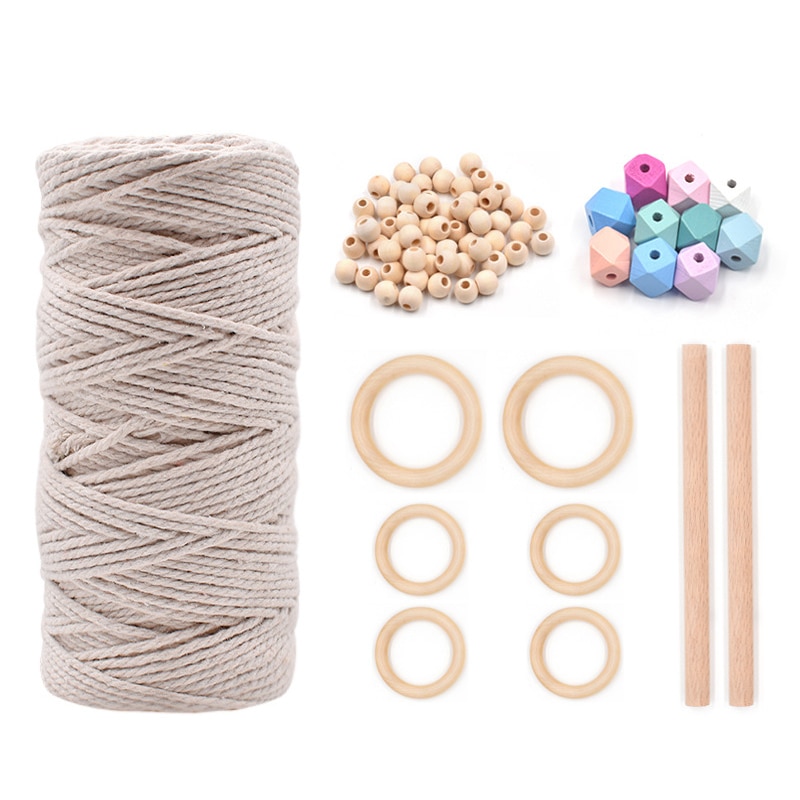 1Set Macrame Cord Natural Cotton Rope with Wood Ring Wood Stick Bead for DIY Macrame Kit Wall Hanging Plant Hanger Dream Catcher