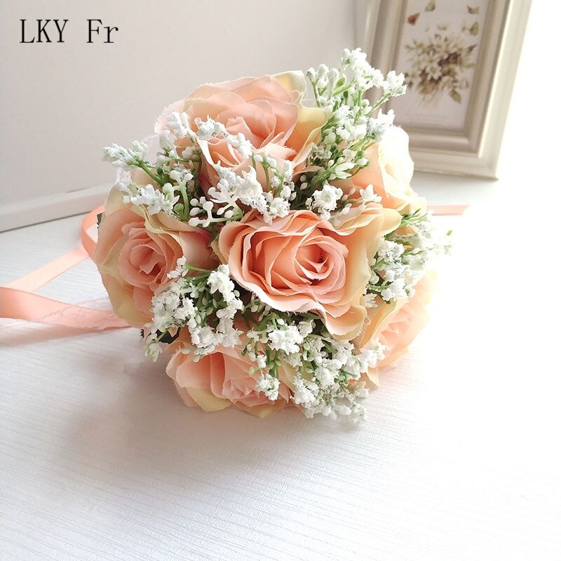 Lky fr bryllupsbukett brudepike brudebukett kunstige roser hvit silke blomster jente bukett bryllupstilbehør hjemmeinnredning