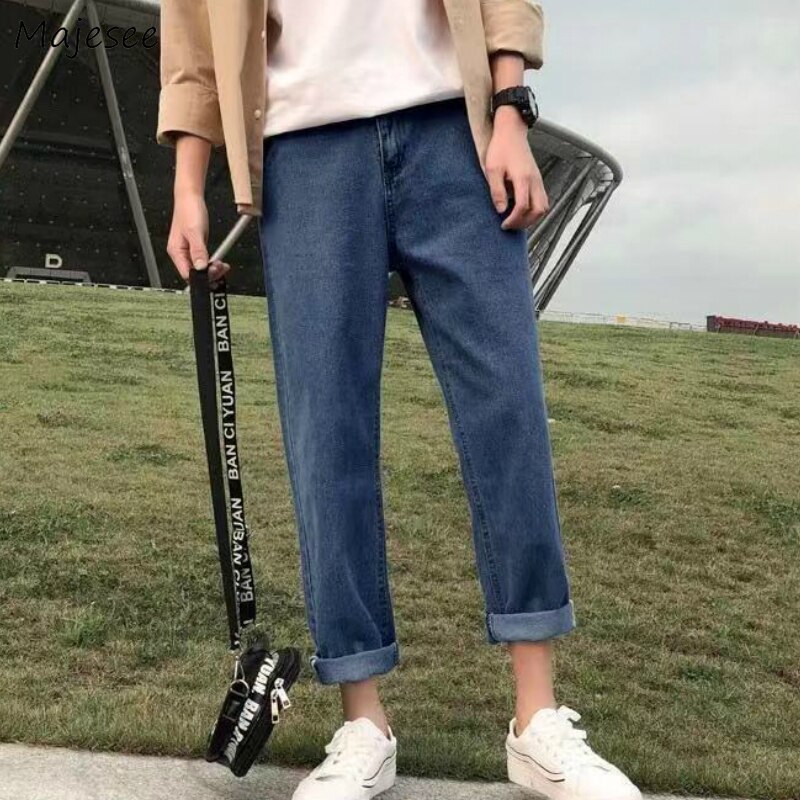 Męskie jeansy do kostek jednolity luźny Plus rozmiar 2XL myte wypoczynek eleganckie nastolatki BF luźne męskie proste spodnie jeansowe w stylu koreańskim