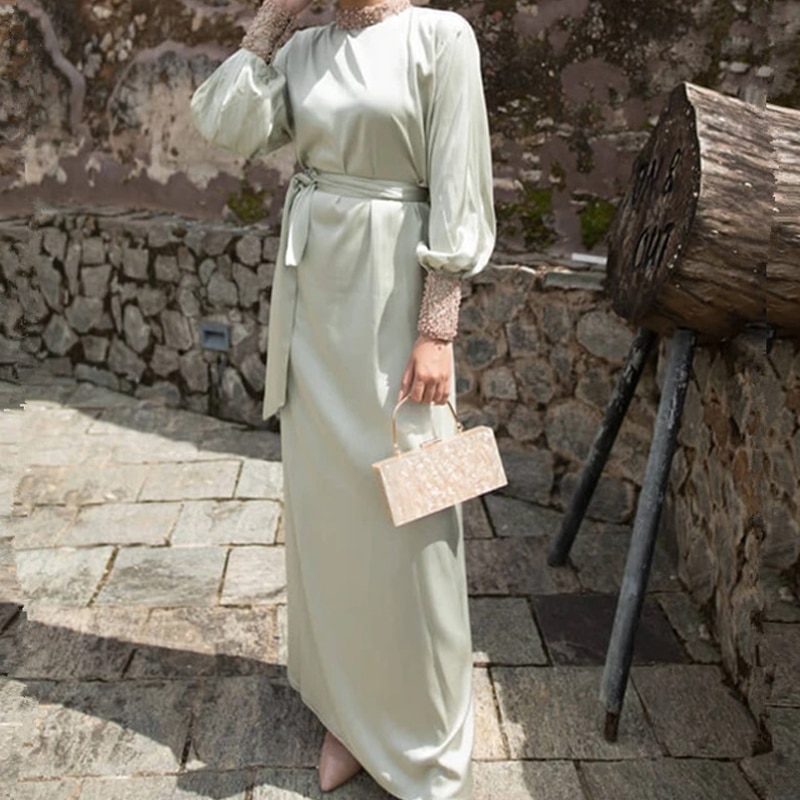 Eid Satijn Kralen Abaya Jurk Moslim Vrouwen Zomer Mode Stand Kraag Lange Mouw Elegante Vintage Lange Maxi Jurk Bescheidenheid