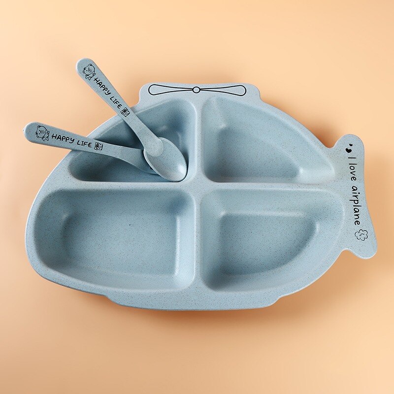 Assiette d'alimentation solide en plastique pour enfants, plat à dîner divisé pour enfants, joli hélicoptère de dessin animé, nourriture pour bébé, 4 sections avec cuillère fourchette: Blue