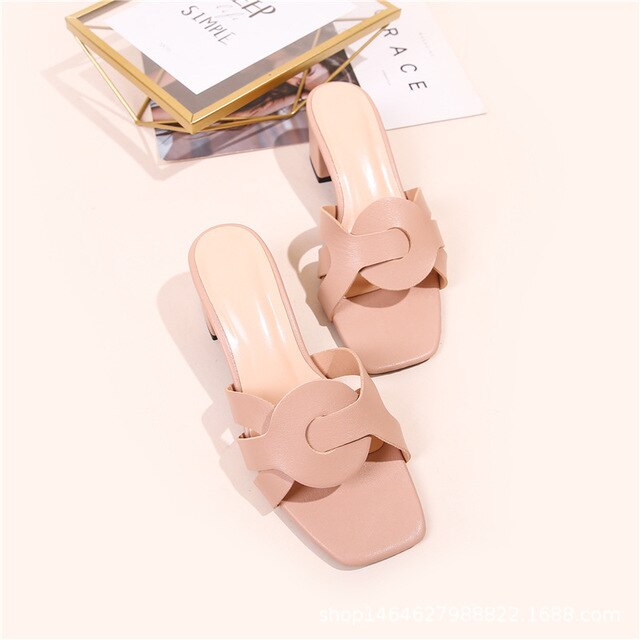 Zapatillas de tacón de bloque con plataforma para mujer, zapatos de tacón medio cuadrado, deslizantes de cuero, para oficina, 40 AC395, para verano,