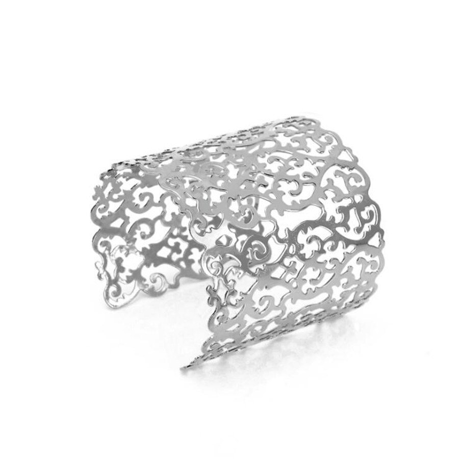 Ravimour Punk Manchet Armbanden Voor Vrouwen Big Wide Bangle Armband Sieraden Statement Hollow Bloem Gesneden Charm Pulseiras: Silver