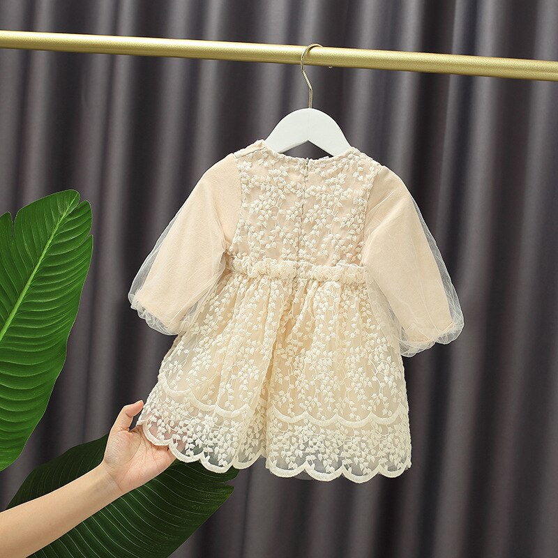 Autumn Baby Girl's Sweet Lace Dress Long Sleeve for Children Fairy Puff Sleeve Princess Dress Kids