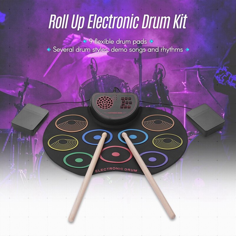 Digitale roll-up drumpadset, draagbare elektronische drumset, usb, 9 drumpads, ingebouwde luidspreker, lithiumbatterij, met stokken, voetpedaal