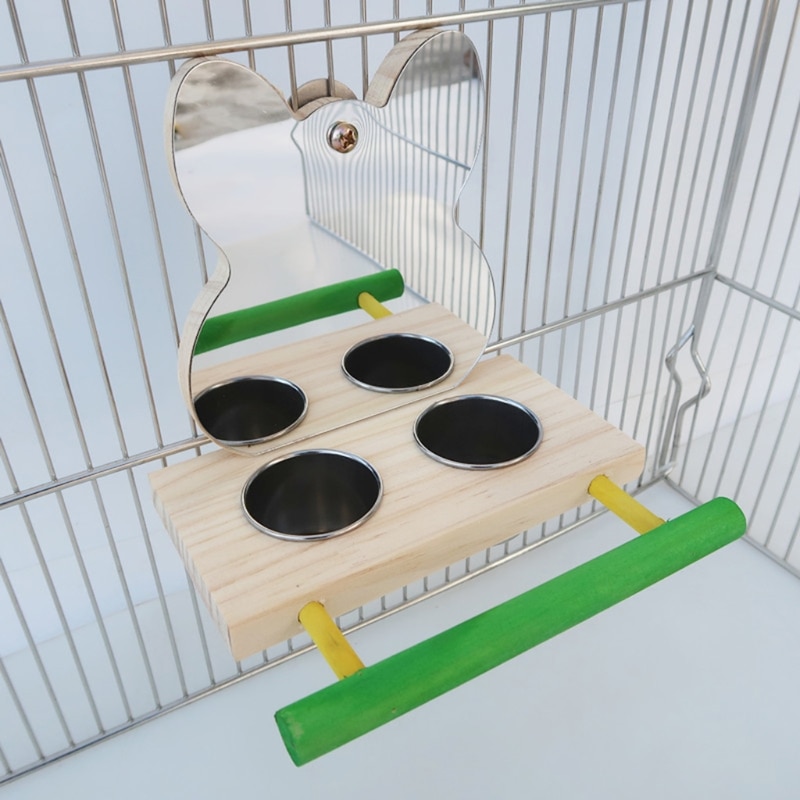 Parrot Mirror Toy with Stainless Steel Feeding Cups Bird Wooden Perch Stand for Macaw African Greys Budgies Parakeet Cockatiels