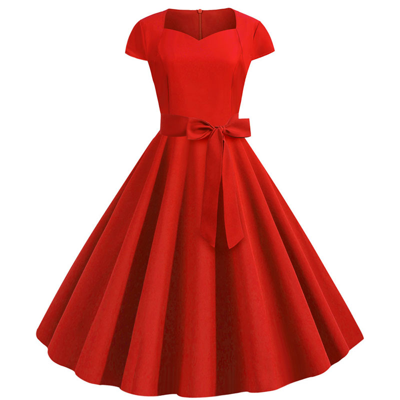 Summer Women's Dress Short Sleeve Solid Vintage Retro Big Swing Office Party Midi Sundress