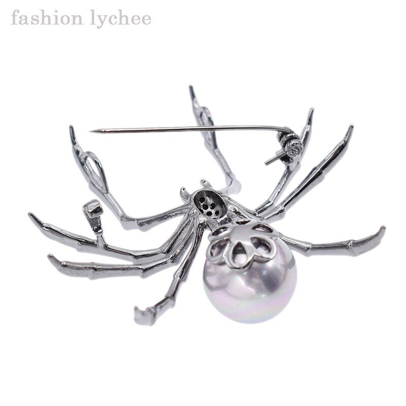 lychee exagerados antiguos broches de Color plata Pins perlas artificiales cuerpo pavimentar la cabeza araña mujeres Pins