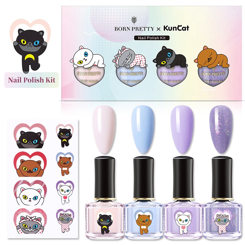 Geboren Pretty & Kuncat Joint Product Nail Kit Met 4 Stuks Nagellak & 1Pc Nail Sticker Coorful Nail art Set Diy Manicuring