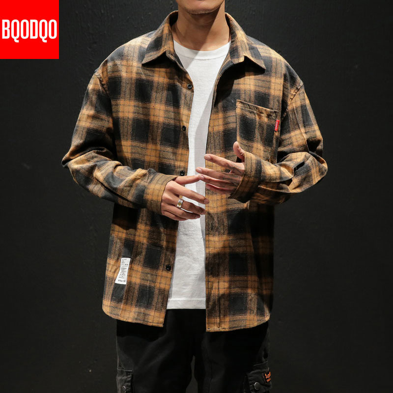 Fleece casual skjorta män vinter svart rutig streetwear hip hop långärmade herrskjortor höst preppy sammet oversized cargo toppar