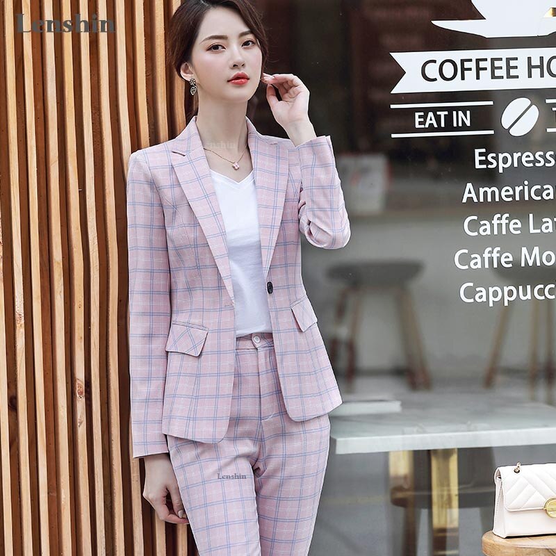 Lenshin 2 Piece Set Plaid Formal Pant Suit Blazer Office Lady Designs Women Soft Jacket and Ankle-Length Pant