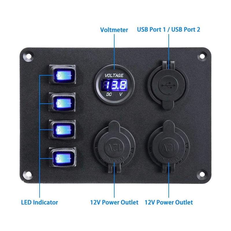 12V-24V Boat Switch Panel Switch Panel Waterproof Digital Voltmeter Dual USB Port Combination Marine LED Rocker 4 Gang