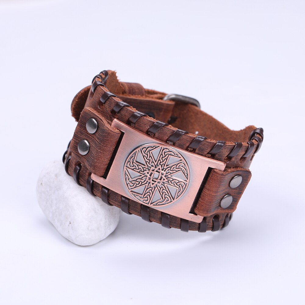 LIKGREAT Slavic Kolovrat Wicca Amulet Cuff Wristband Jewelry Sun Wheel Celtics Knot Pagan Talisman Adjustable Leather Bracelet