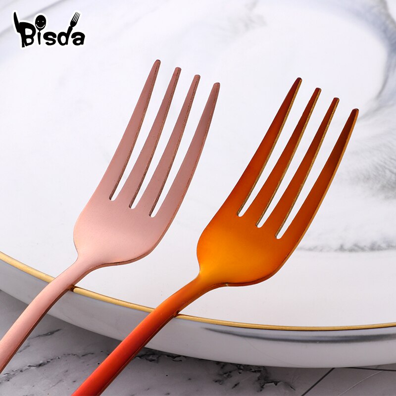 2 uds juego de tenedor cuchara cubiertos de acero inoxidable vajilla de postre de colores utensilios de cena de mango largo tenedores de ensalada cucharas de sopa vajilla casera