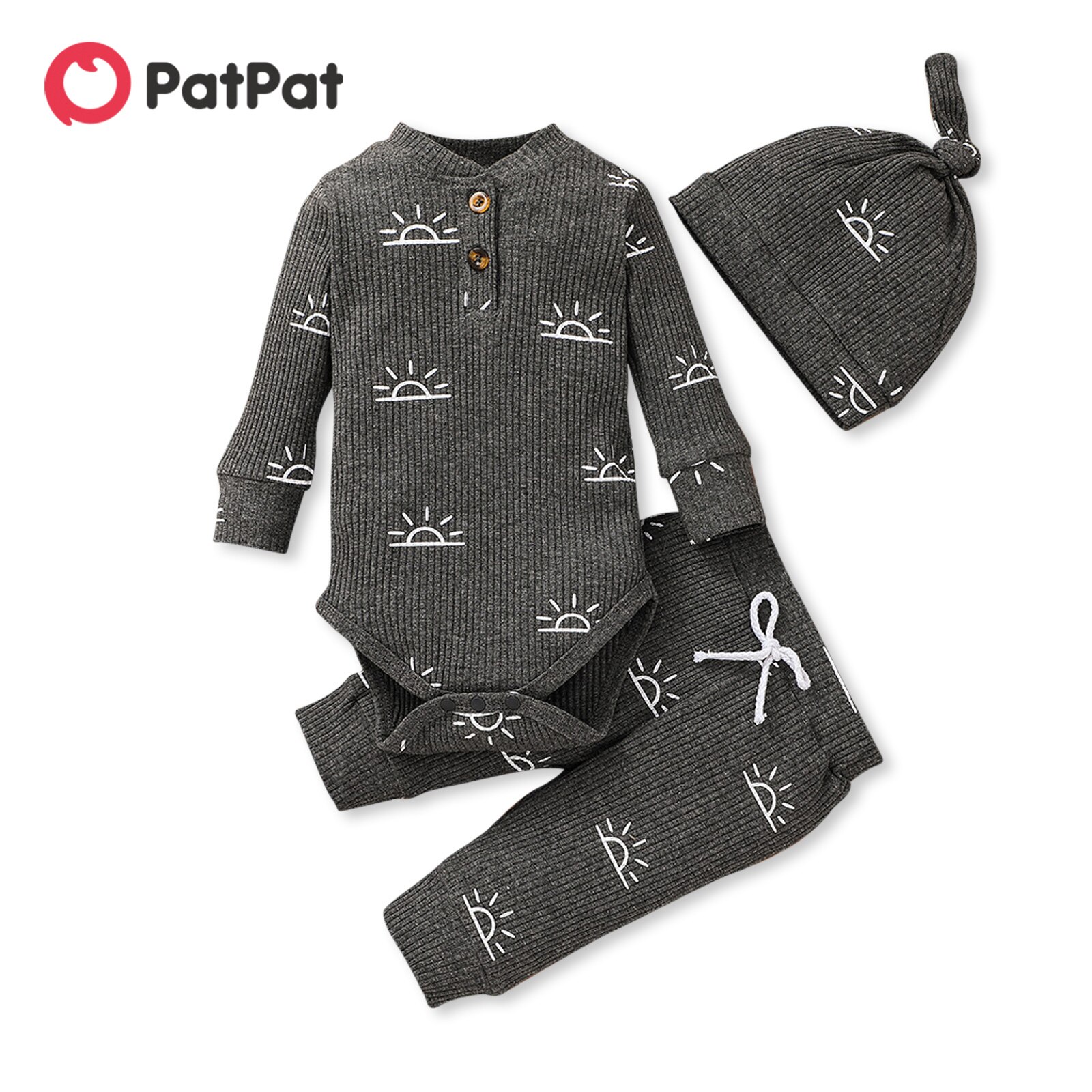 PatPat 3-piece Baby Boy Sun Print Button Ribbed Long-sleeve Romper, Elasticized Pants and Cap Set