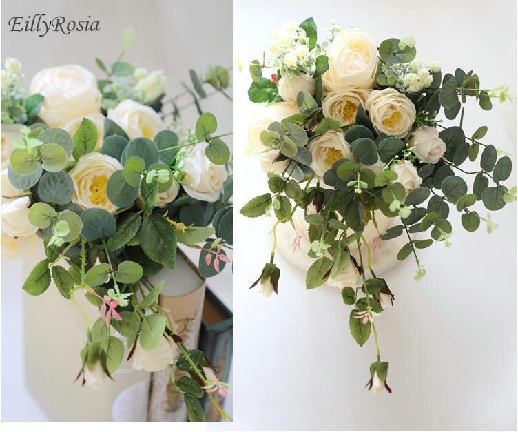 Handmade Country Wedding Bouquet Beautiful Artificial Flowers Green Eucalyptus White Rose Romantic Bridal Flowers Bouquet