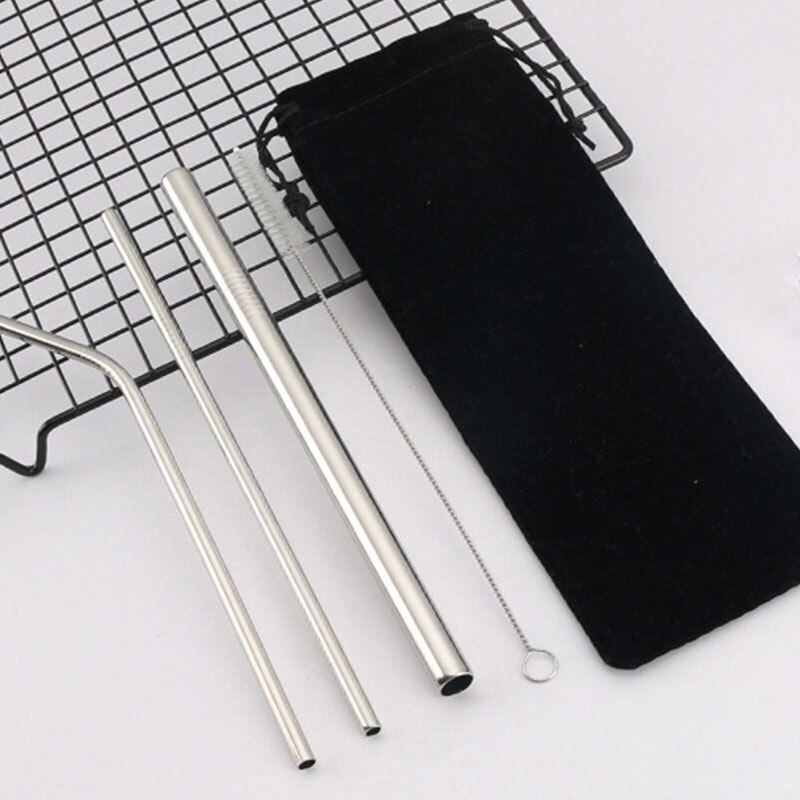 5PCS Reusable Metal Straw Eco Friendly 304 Stainless Steel Straw Cleaning Brush Pink Drinking Straws Bubble Tea Bag Pouch Set: silver