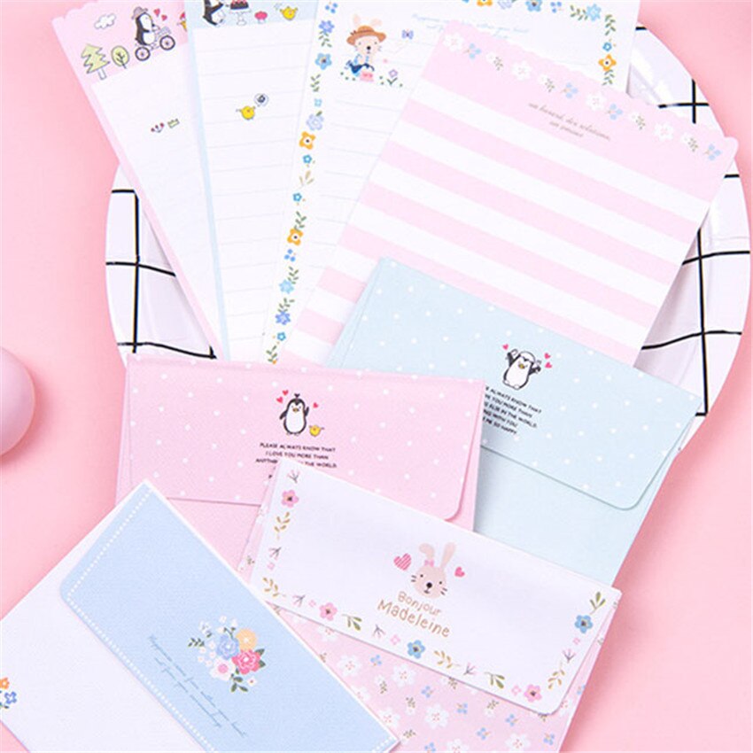 Mini 2Pcs Envelope + 4 Sheets Paper Letter Set Cute Cartoon Rabbit Penguin Envelopes Paper Letter Greeting Card Letter Pad