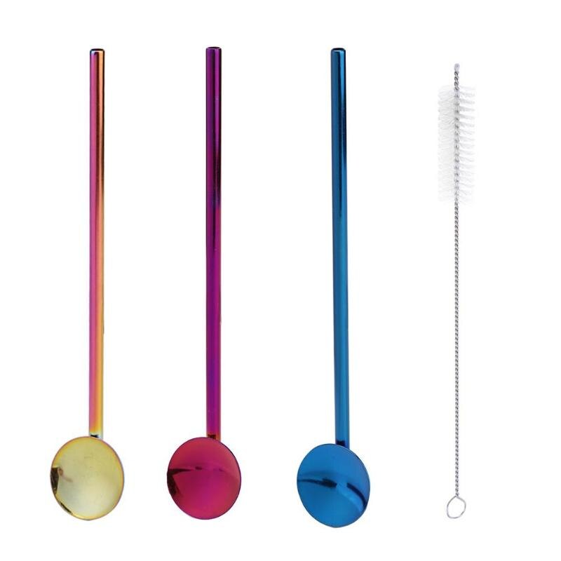 2 in 1 Reusable Drinking Straws Stainless Steel Coffee Milk Tea Straw Spoon