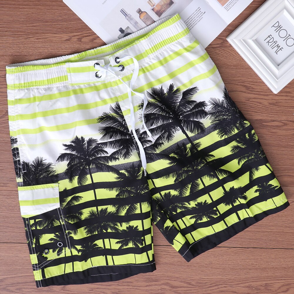 Men Fast Dry Beach Shorts Palm Tree Casual Surfing Swimming Trunks with Pockets - Size (Yellow)