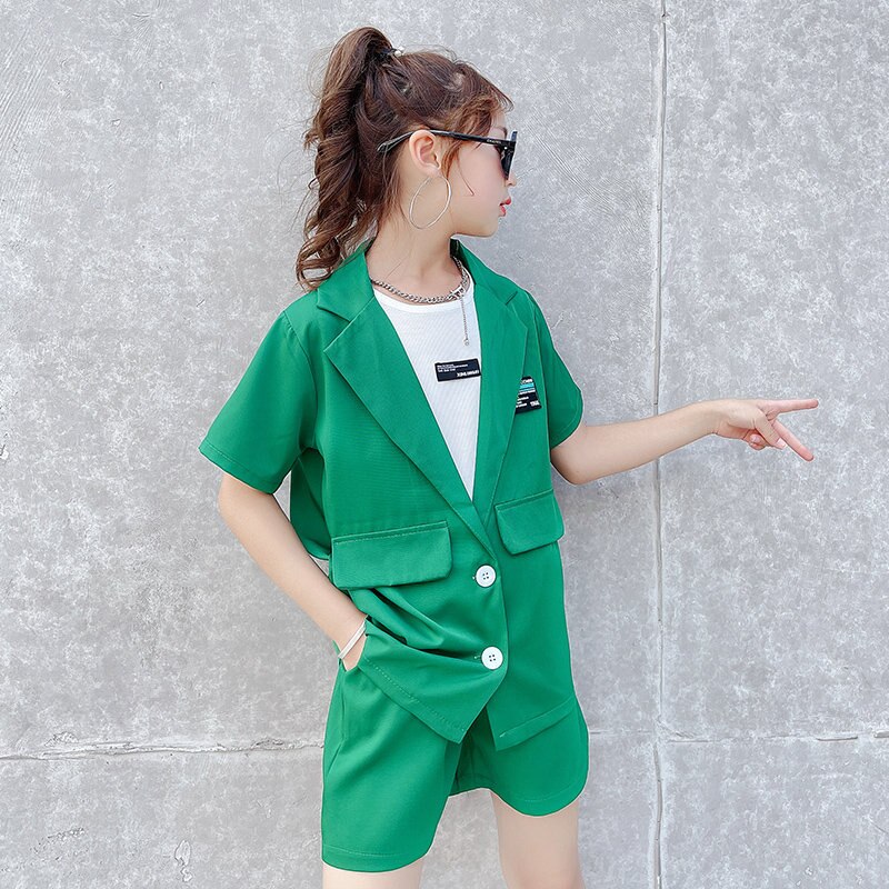 Mode Tiener Meisjes Kleding Set Korte Mouw Jas + Shorts Twee Stukken Zomer Casual Cool School Kids Trainingspak Kind outfit: green / 9