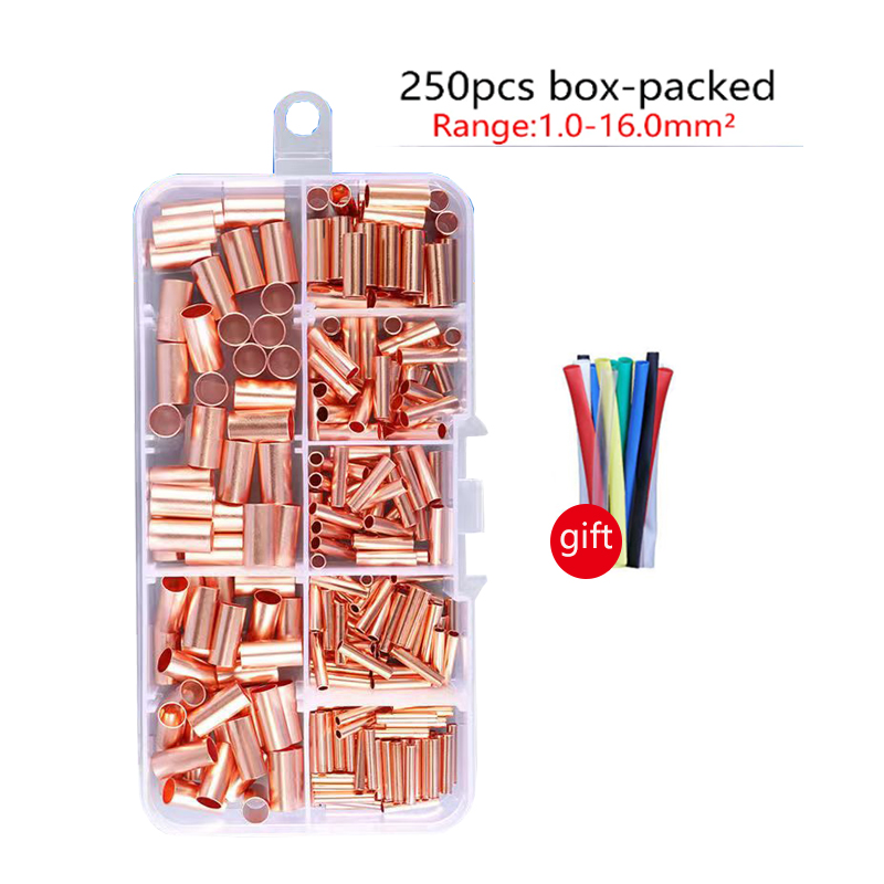 250 pièces GT cuivre tuyau de raccordement fil Joint petit Tube de cuivre Terminal câble cosse Bootlace virole Kit avec pince à sertir: Rouge
