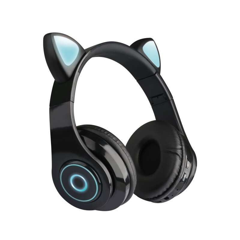 Auriculares inalámbricos con Bluetooth y micrófono para chica, cascos con orejas de gato, luz Flash, Decoración LED, estéreo, música, teléfono,: Black