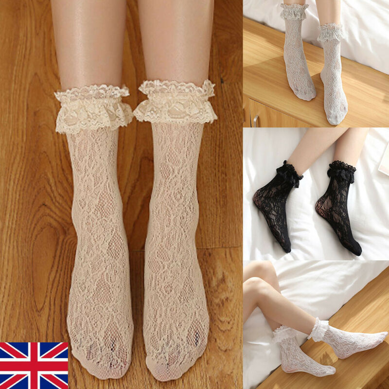 Lolita niñas calcetines de encaje mujeres niñas blanco encaje corto calcetines al tobillo con volantes