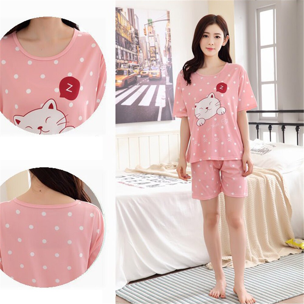 Summer Women Pajamas Set Summer Sleep Wear Set Cute Short Sleeve Pajamas Suit Shorts Nightwear Cotton Sleeping Cat Pink 2XL