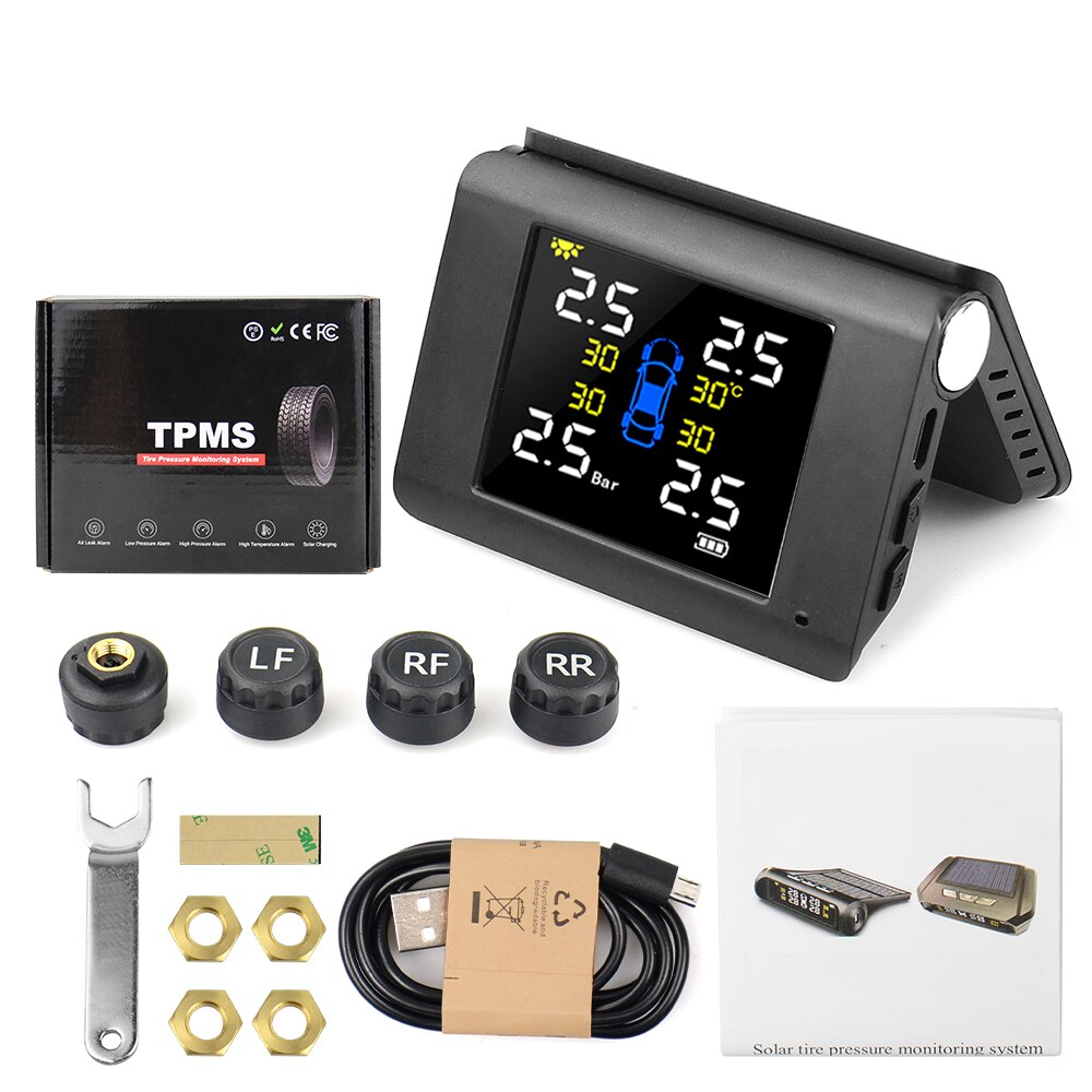 TPMS Solar Power Tyre Pressure Monitoring System with 4 Sensors LCD Real-time Display Car Tire Pressure Auto Alarm System: external sensors