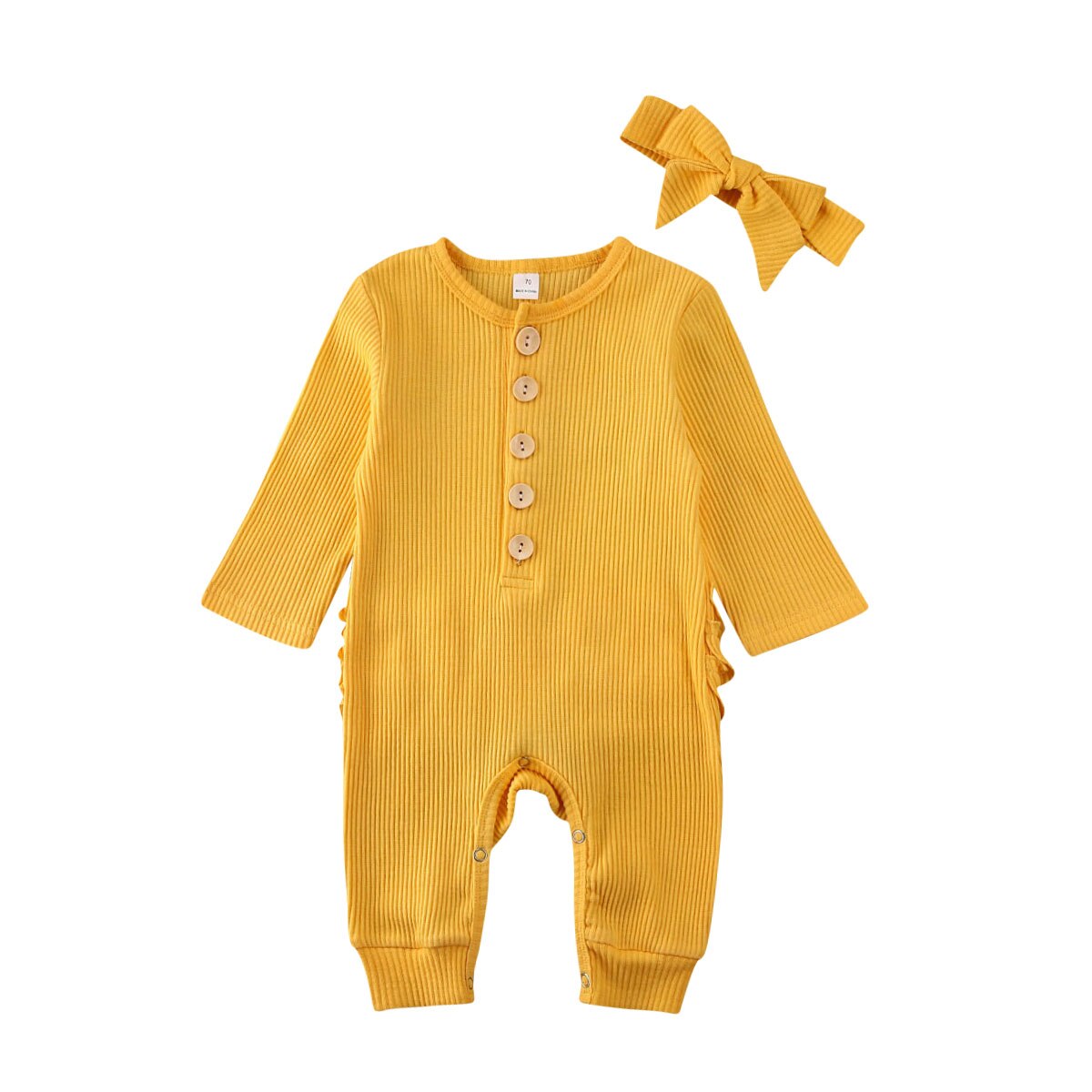 Newborn Baby Boy Girl Rompers Headband 2pcs Outfit Knitted Solid Kong Sleeve Ruffle Romper Jumpsuit Clothes: Yellow / 12M