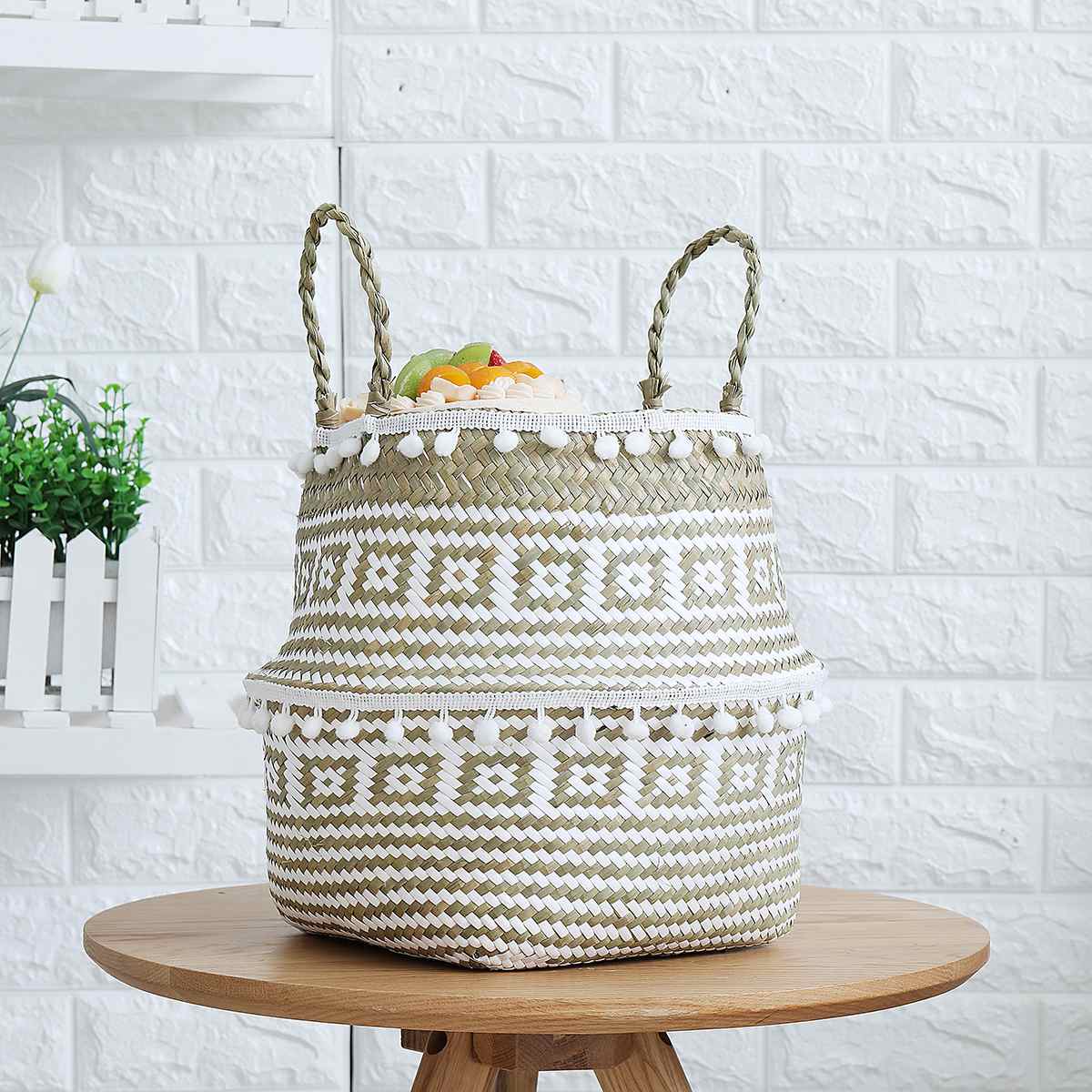 Cesta de almacenamiento tejida para algas, Cestas colgantes de mimbre para plantas, florero de jardín, maceta plegable con asa y bola pequeña