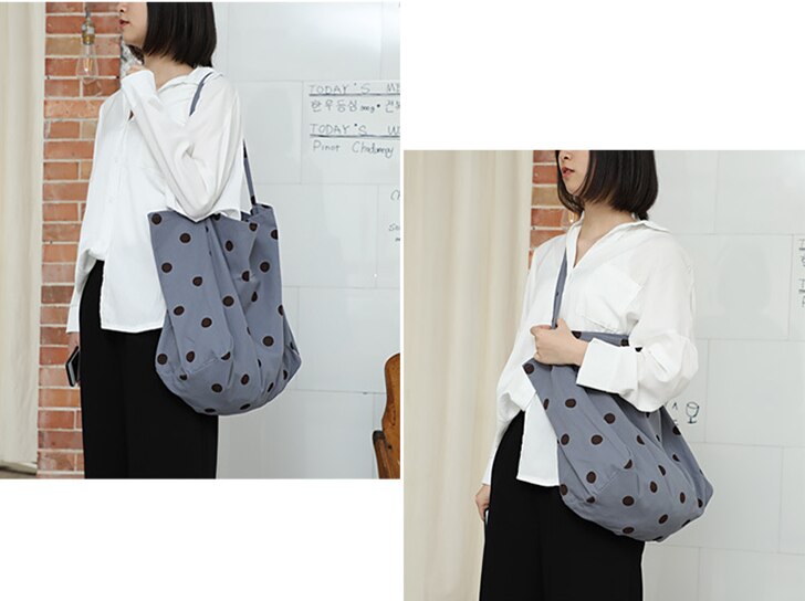 Oversized canvas tas met stippen, japanse tiener, schattige grote capaciteit, open handtas, herbruikbare stoffen dagelijkse boodschappentas