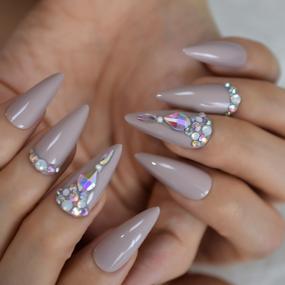 Cristal faux ongles pointus Strass Long Stiletto acrylique artificiel ongles Art conseils Strass manucure conseils 24