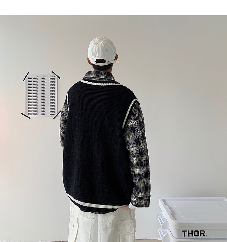 Suéter de punto a rayas con cuello de pico para hombre, chaleco Harajuku coreano, ropa de calle para hombre, ropa cómoda y versátil,