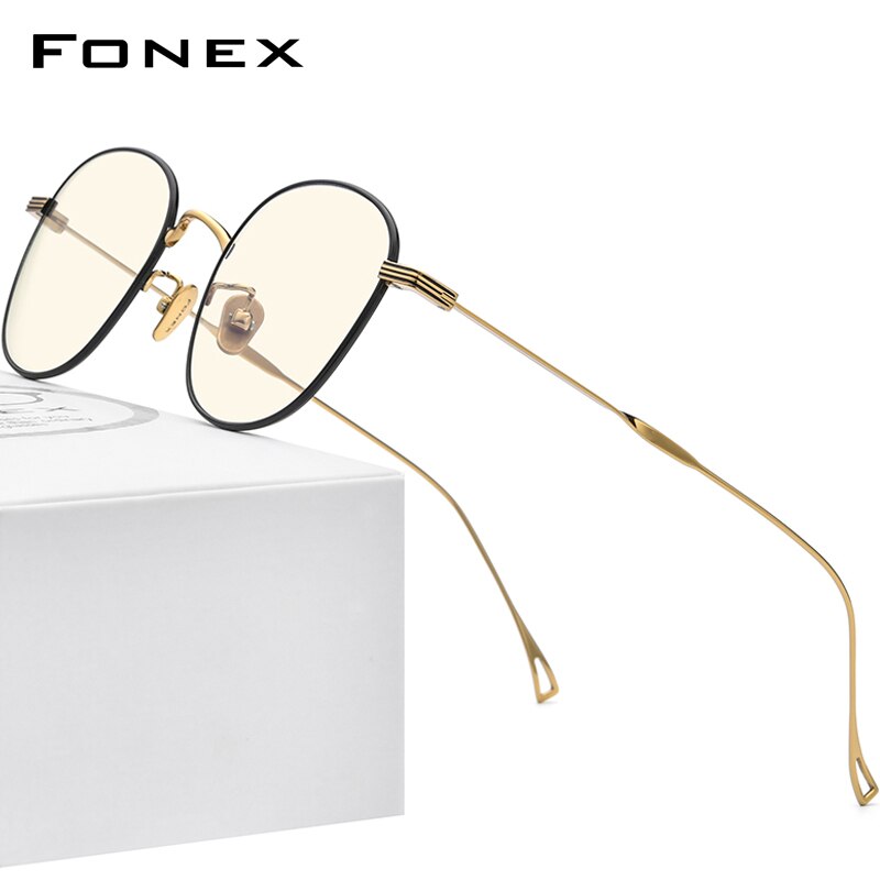 FONEX Titanium Anti Blauw Licht Blokkeren Computer Bril Vrouwen Kleine Gezichten Retro Ronde Filter Ogen Brillen Mannen 8554AB: Goud