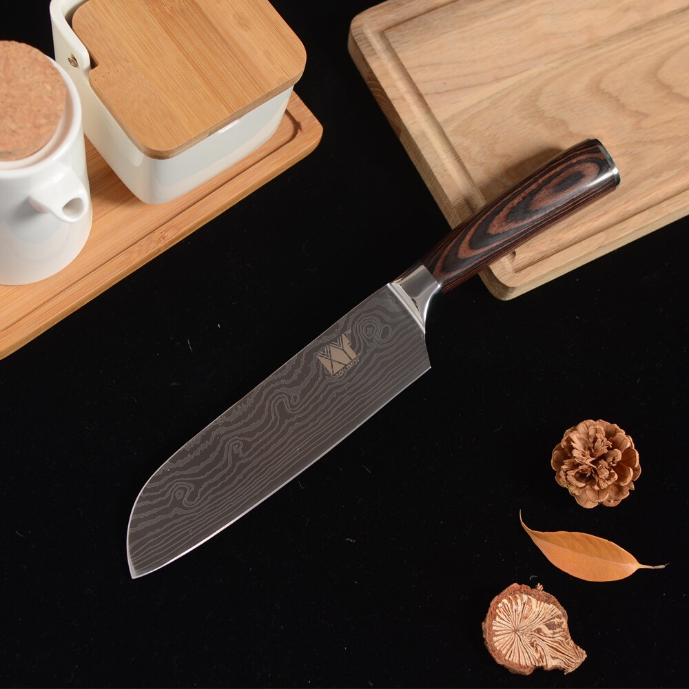XYJ Razor Sharp Knives Set Pakka Wood Handle 7cr17 Stainless Steel Pattern Blade Santoku Chef Slicer Boning Kitchen Knife