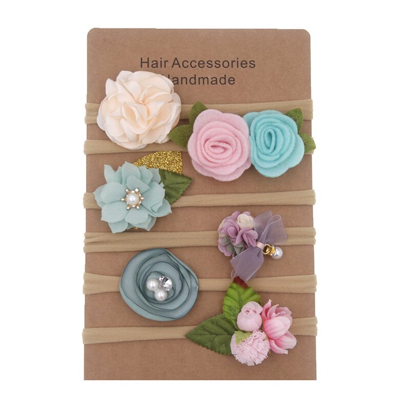 6 stk/sett blomst baby pannebånd nylon elastisk nyfødt barn pannebånd hårbånd for jenter turban perler baby hår tilbehør: 04