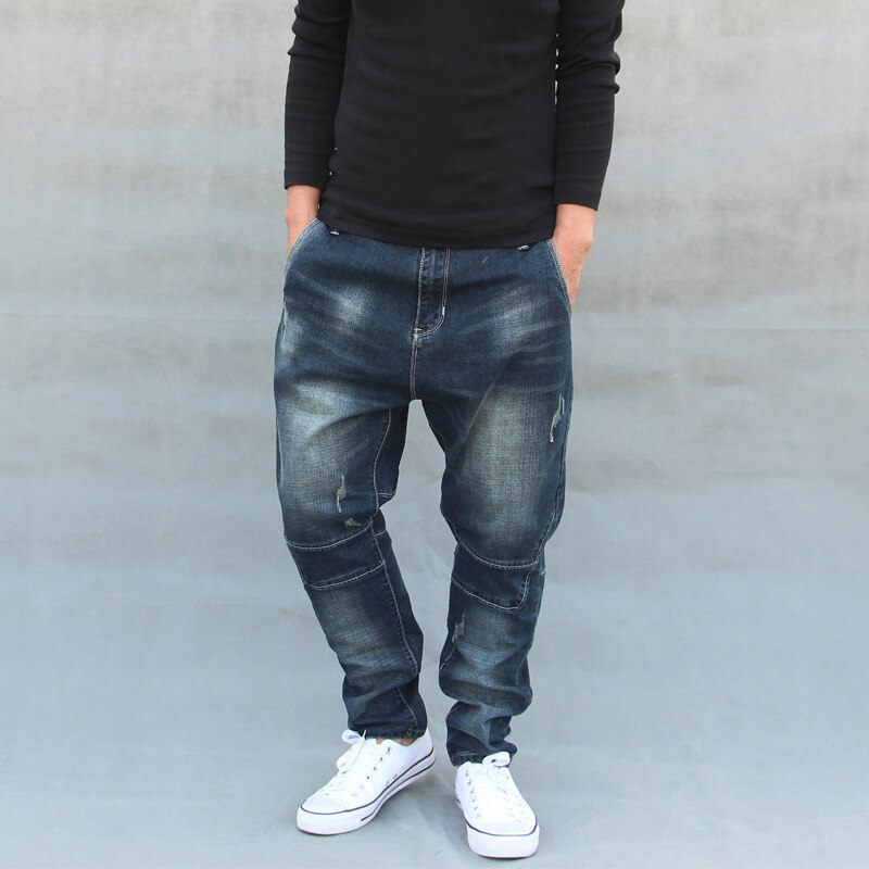 Plus size Male Low Crotch denim Harem Skateboard Pants Men baggy hanging crotch Joggers Men loose street dance jeans FSH10