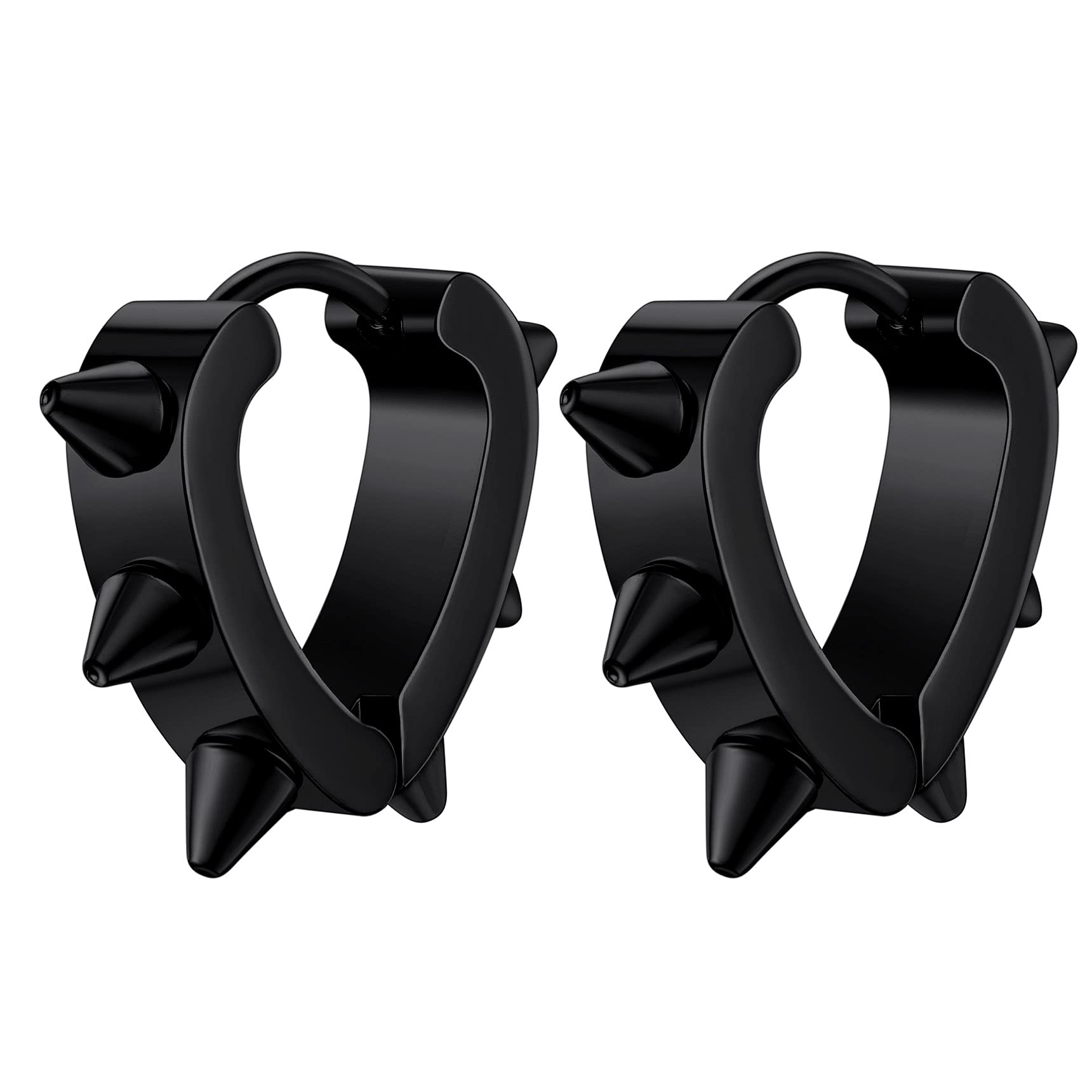 Punk Spike Huggie Hoop Earrings Round/Heart/U Shape Stainless Cartilage Stud Earrings Men Women Cool Gothic Style Chunky Jewelry: Heart Black