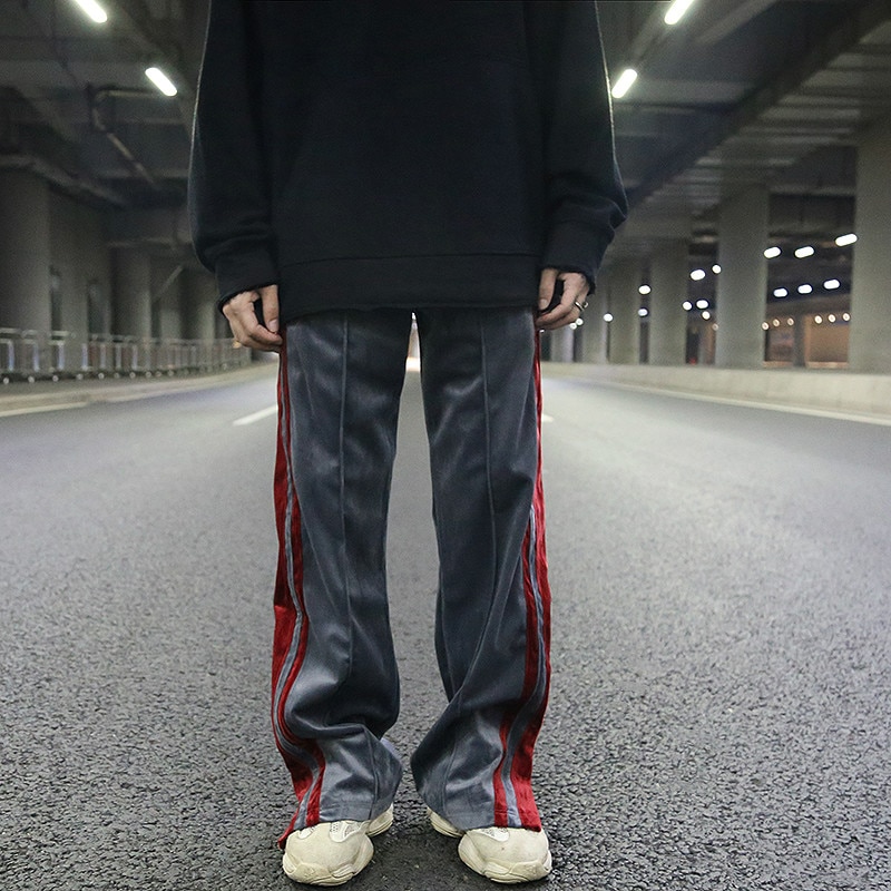 Męskie dno zamek błyskawiczny aksamitne spodnie szerokie nogawki boczne łączone paski proste spodnie luźne dorywczo spodnie z elastyczną gumką w pasie hiphopowy sweter