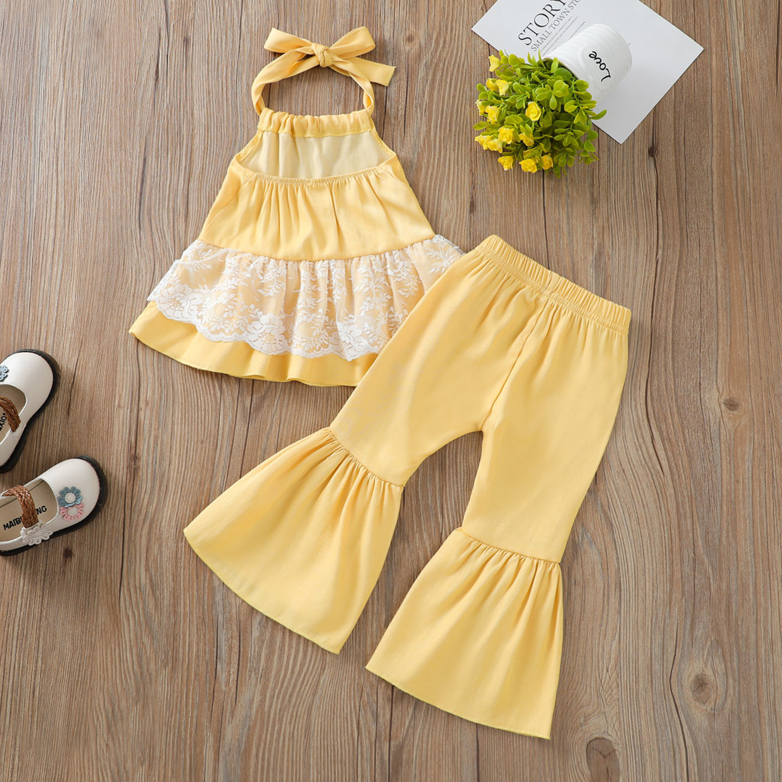 2 pezzi vestito da bambina dolce stile pizzo impunture senza maniche appeso collo top + pantaloni tinta unita a campana lunga Set 6M-3T