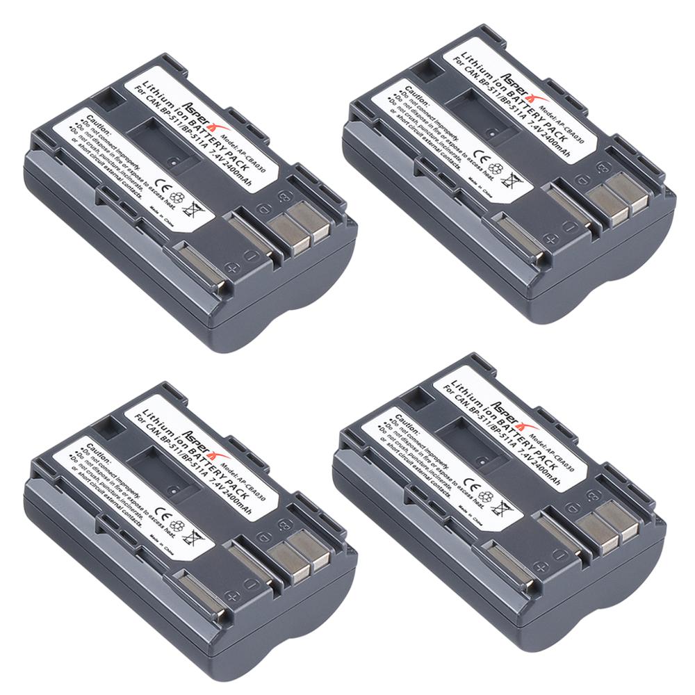 Batería para cámara Canon EOS 5D 50D 40D 20D 30D 10D 1D D60 300D D30, BP-511A de 2400mAh, BP-511, BP511A, BP511: 4 Batteries