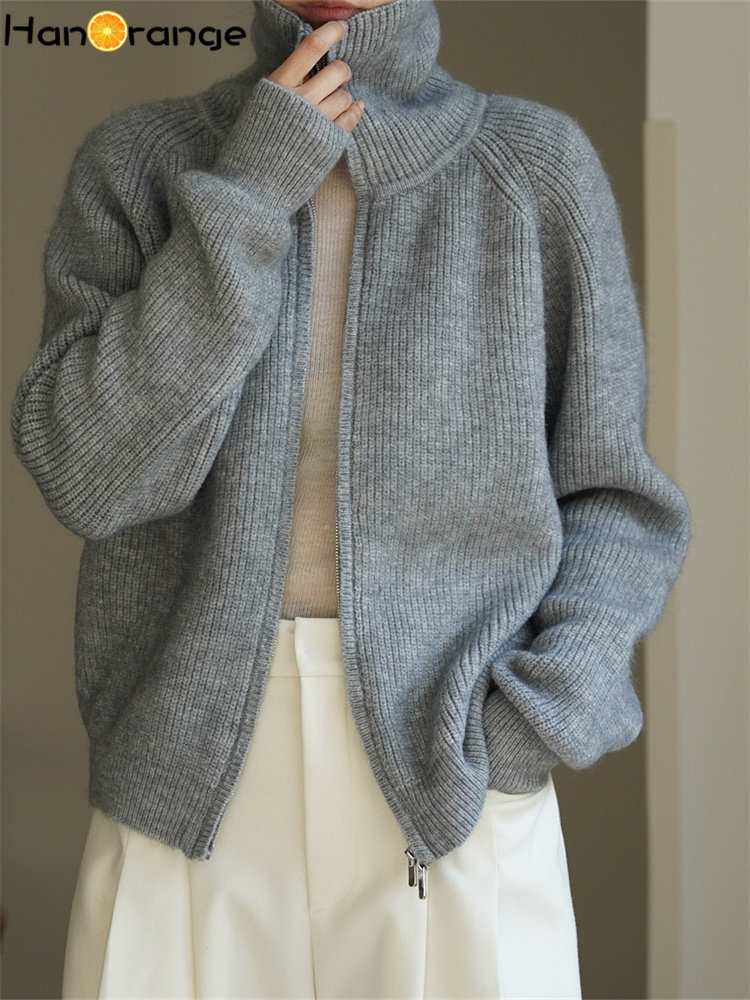 HanOrange 2024 Dolcevita invernale con spalle scoperte Cardigan lavorato a maglia da donna Doppia cerniera maglione allentato femminile bianco/grigio/caffè scuro: Grigio