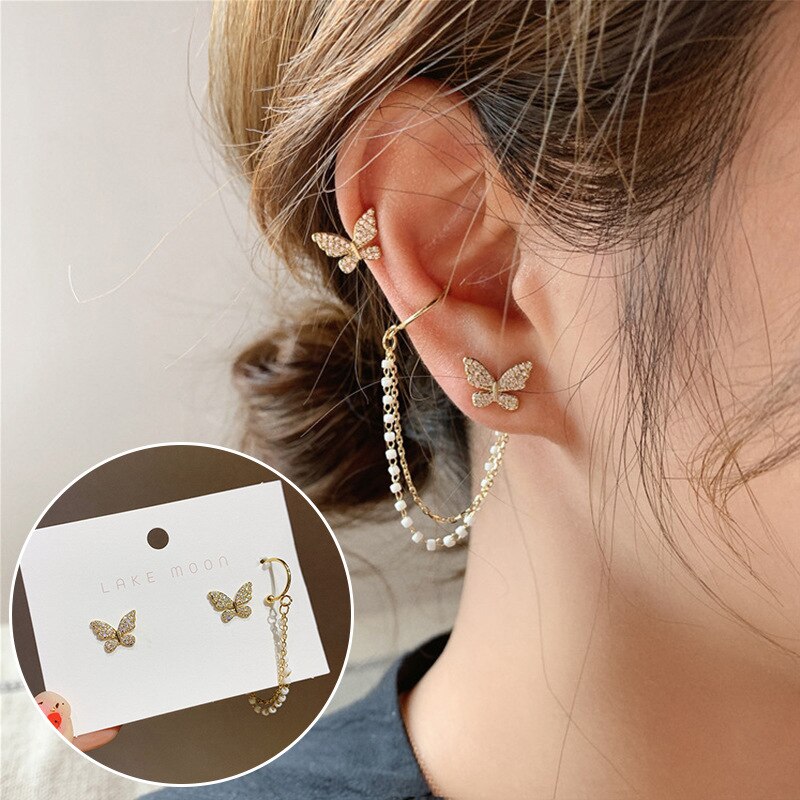 Asymmetrische Lange Kwast Ketting Manchet Oorbellen Voor Vrouwen Meisjes Vlinder Oor Botten Clip Oorhaak Oorbellen Sieraden Party: 6  (2pcs)