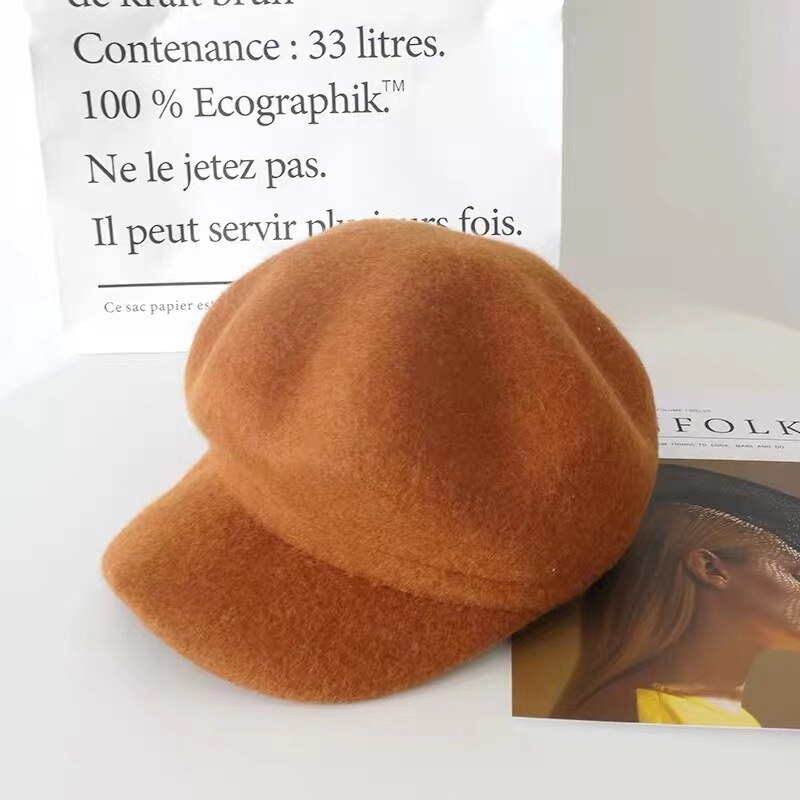 Tomkhu 100%  ullfilt vinter hestelue fast varmere kvinner beanies lokk klassisk fransk stil beret femme beanies damer lokk: Karamell